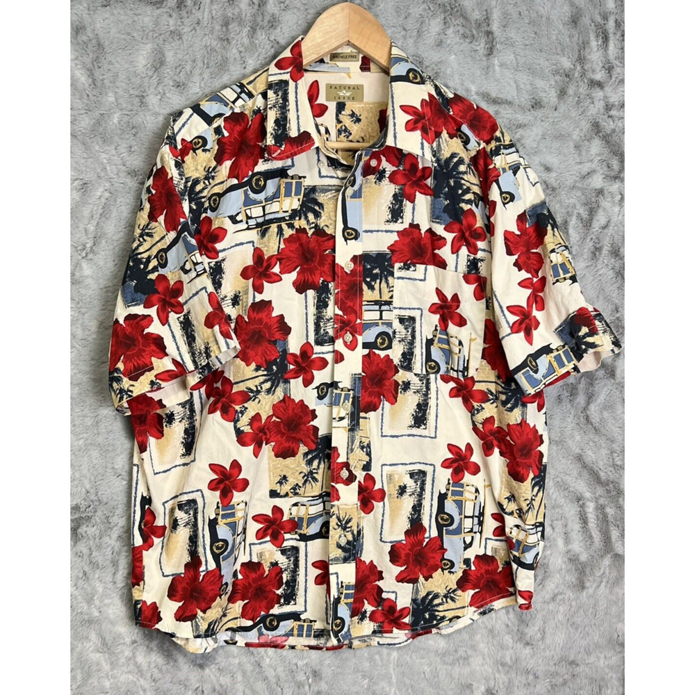 Natural Issue Hawaiian Shirt Mens XL Vintage 90s Floral Hippie Bus Print